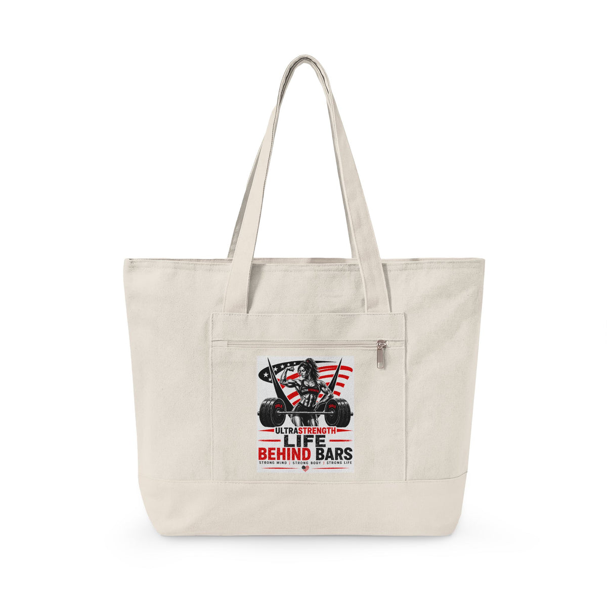 Canvas Tote — “Life Behind Bars” Motorcycle Flag Design Zippered Beach & Market Bag