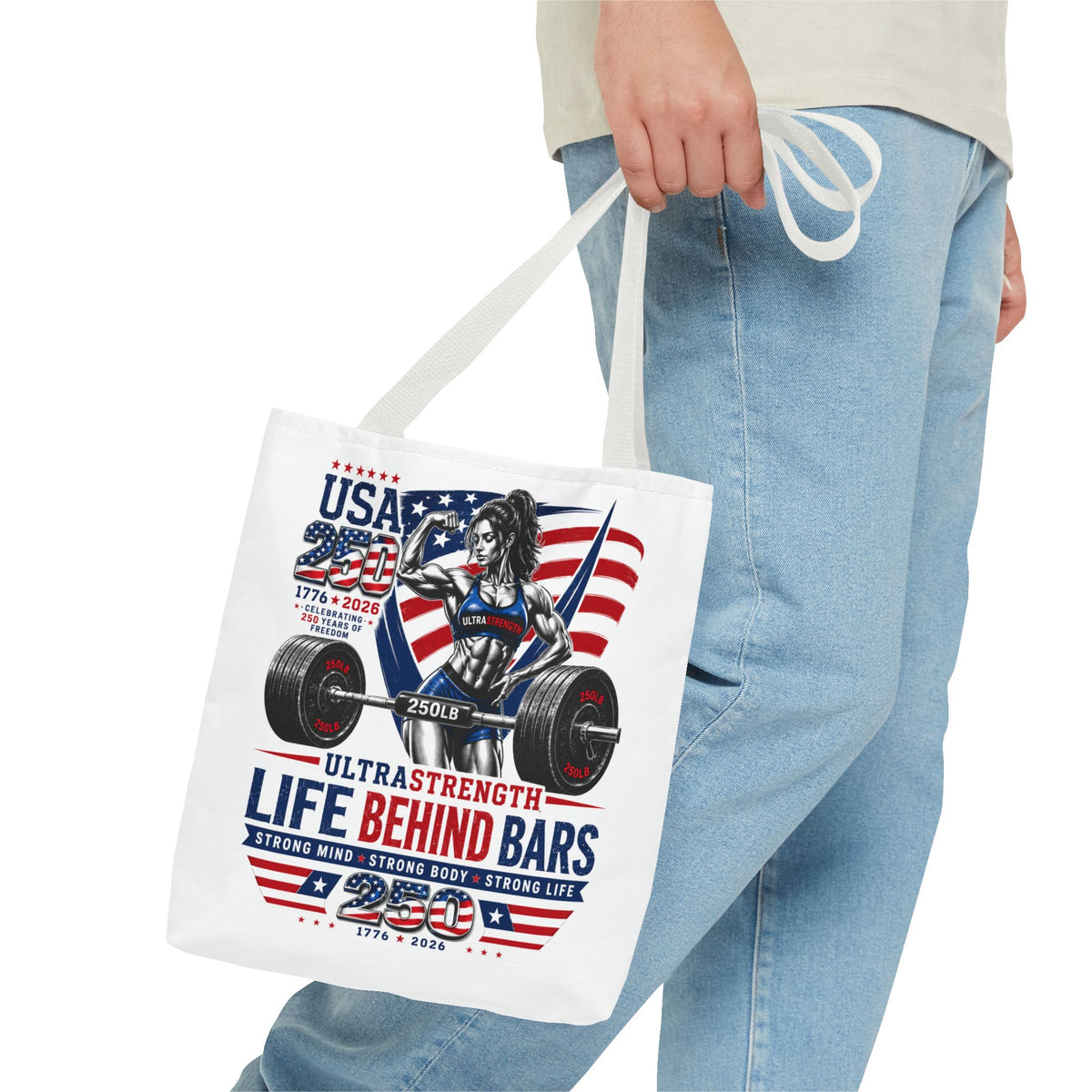 Patriotic Weightlifting Tote Bag — "Life Behind Bars" USA Fitness Gym Tote