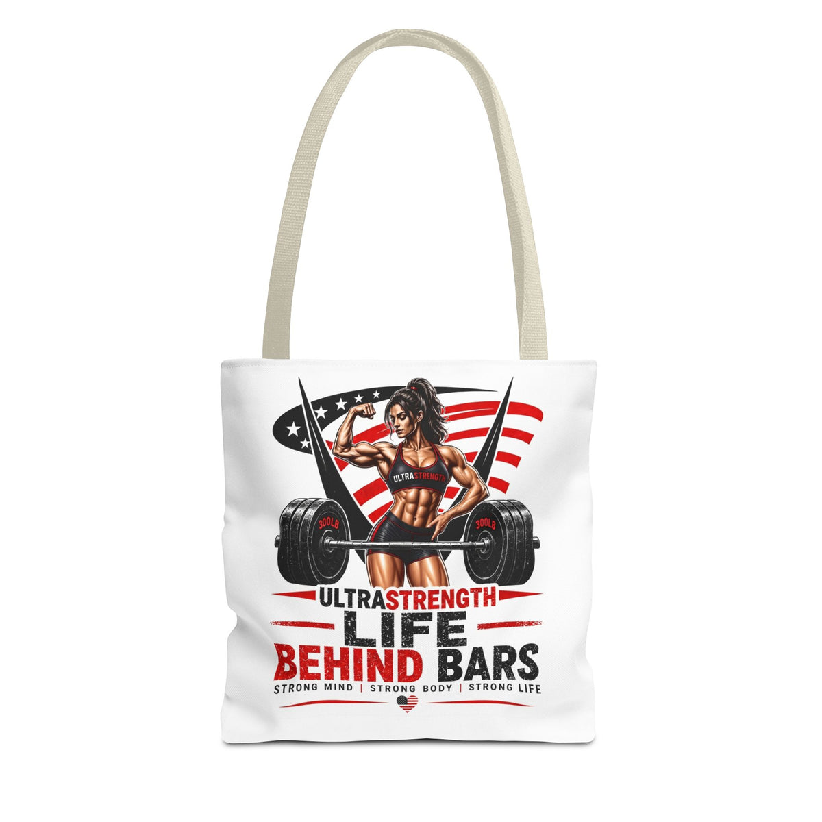 Fitness Tote Bag — "Life Behind Bars" Weightlifting American Flag Gym Tote