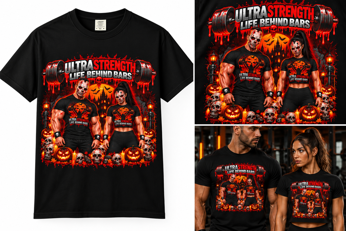 Halloween Gym T-Shirt — "Ultra Strength, I Live Behind Bars" Spooky Workout Tee