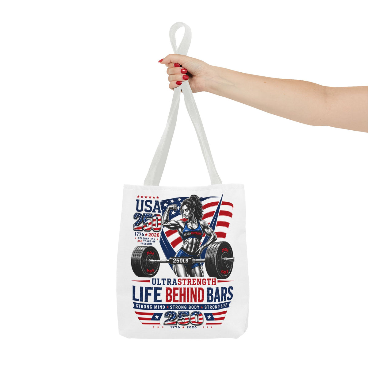 Patriotic Weightlifting Tote Bag — "Life Behind Bars" USA Fitness Gym Tote