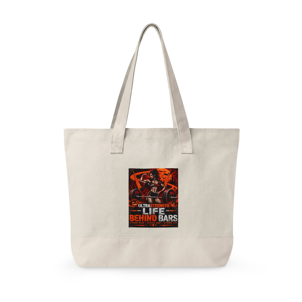 Halloween Horror Canvas Tote Bag - "Life Behind Bars" Pumpkin Skull Gothic Zippered Tote