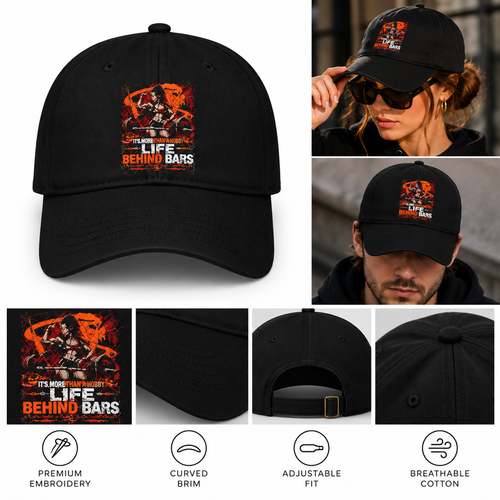 Life Behind Bars female-lifter Halloween cap collage showing the black cap, model views and cap details